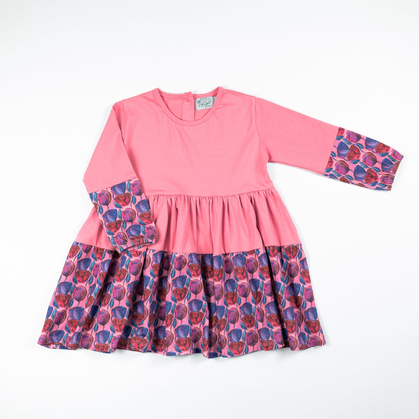 clothes for 3 year olds - Full flat lay of pink twirl dress with round neckline and gathered skirt; organic cotton for girls 2T–6Y