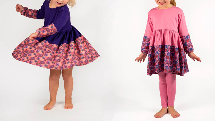 Green, Purple, and Pink Louise Twirl Dress / Outfit for girls featuring vibrant floral print, perfect for playtime and special occasions.