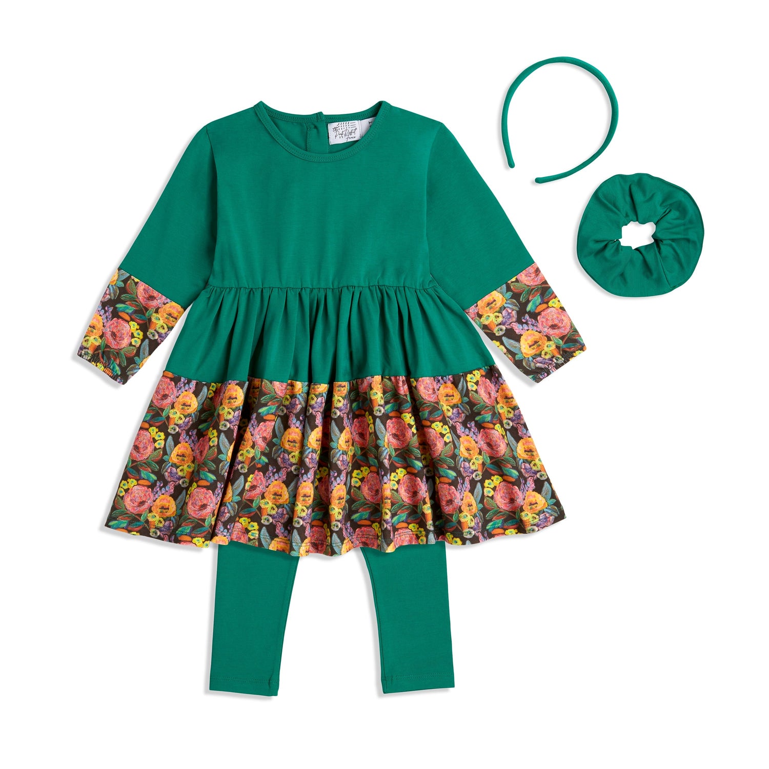 Green Louise Twirl Dress / Outfit for girls featuring vibrant floral print, perfect for playtime and special occasions.