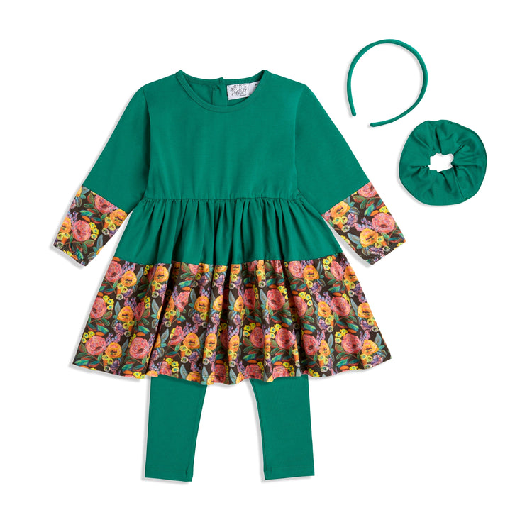 Green Louise Twirl Dress / Outfit for girls featuring vibrant floral print, perfect for playtime and special occasions.