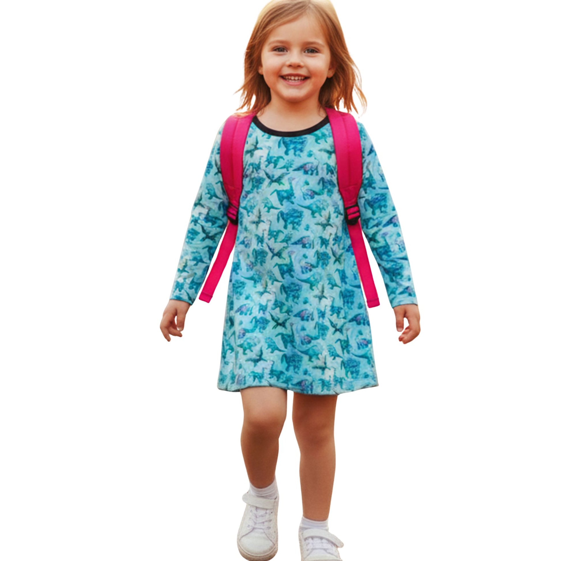 Young girl wearing a blue dress with a pink backpack on a white background