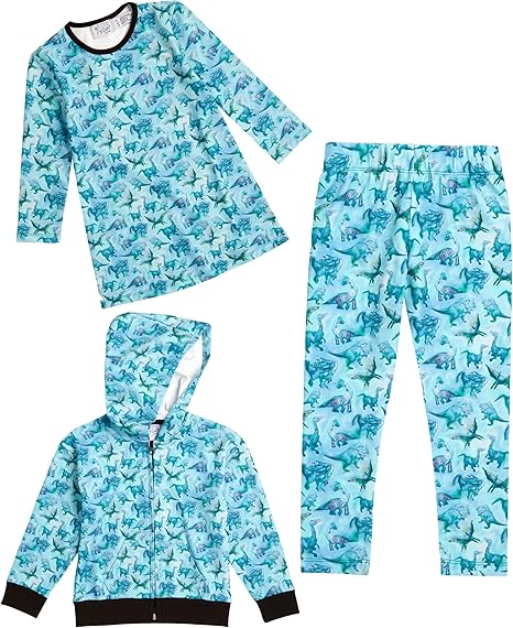 The Pink Picket Fence - Suzie Dinosaur Hoodie, Dress, and Leggings Set in Blue