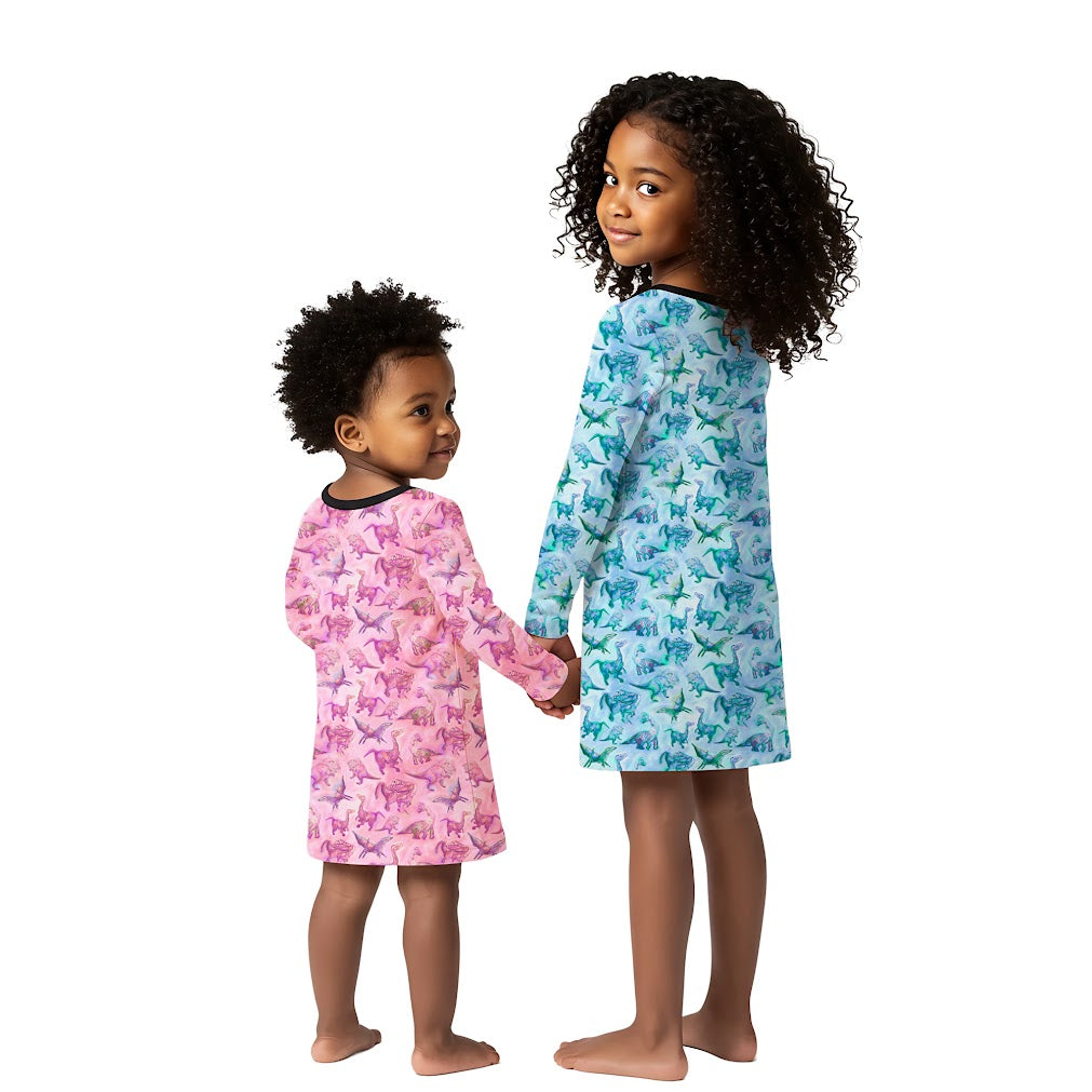 Back of Blue Dino Dress and Pink Dino Dress