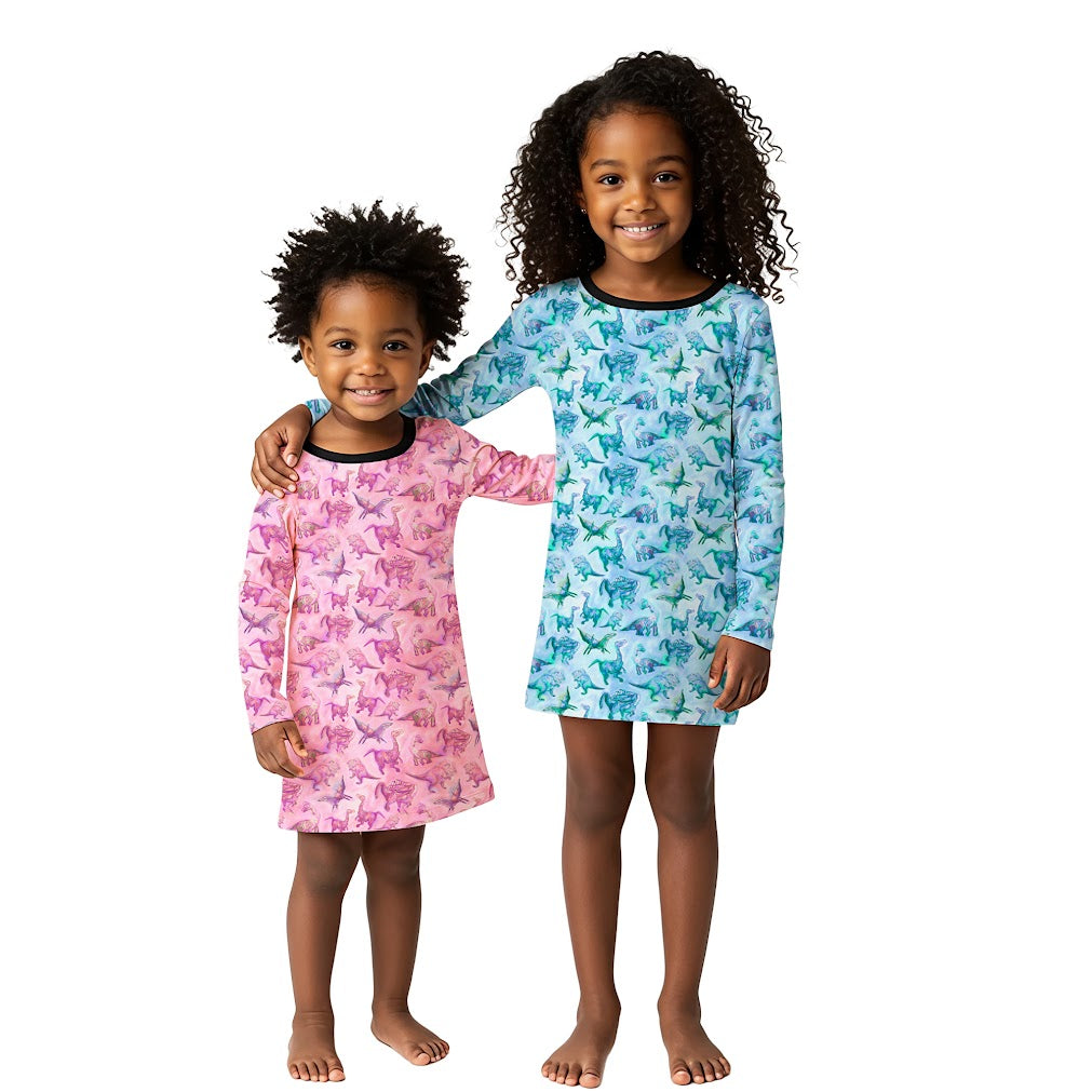 Two Girls Pink Dino Dress and Blue Dino Dress