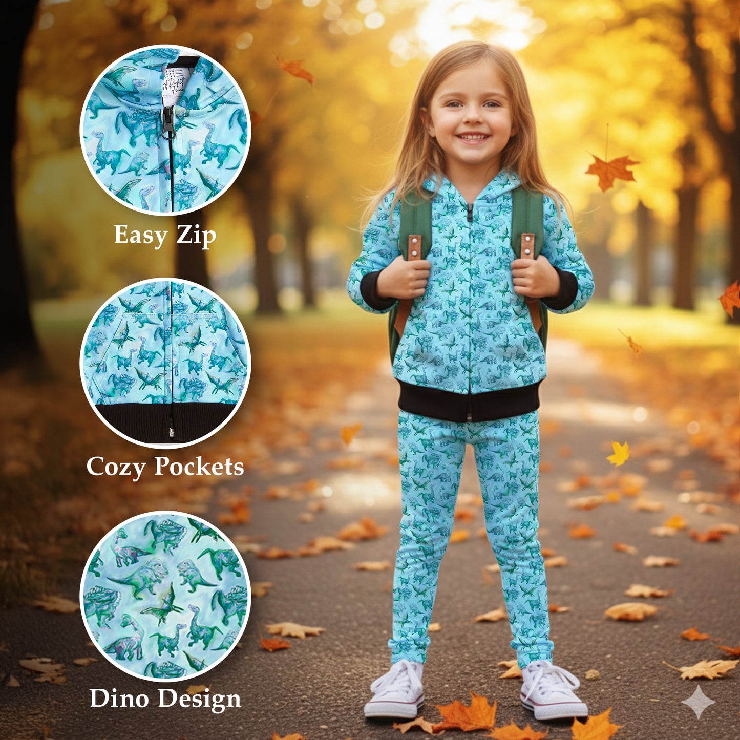 The Pink Picket Fence - Suzie Dinosaur Hoodie, Dress, and Leggings Set in Blue