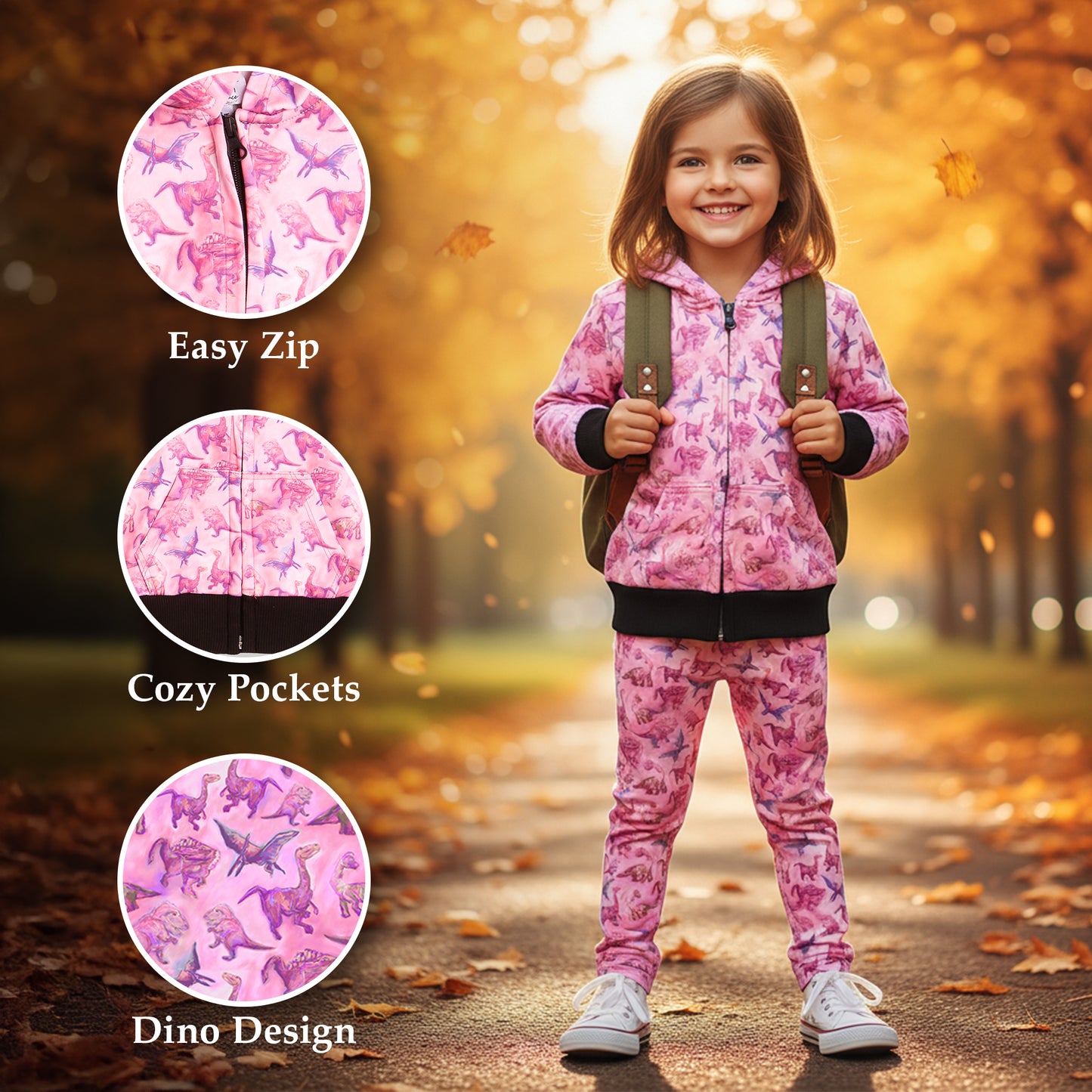 The Pink Picket Fence - Suzie Dinosaur Hoodie, Dress, and Leggings Set in Pink