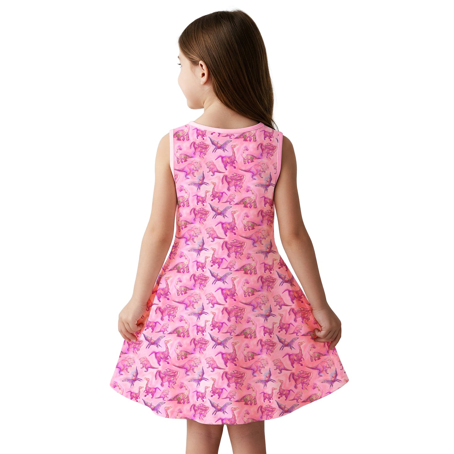 Back view of toddler girl wearing pink dinosaur sleeveless dress – twirl skirt in motion during outdoor play
