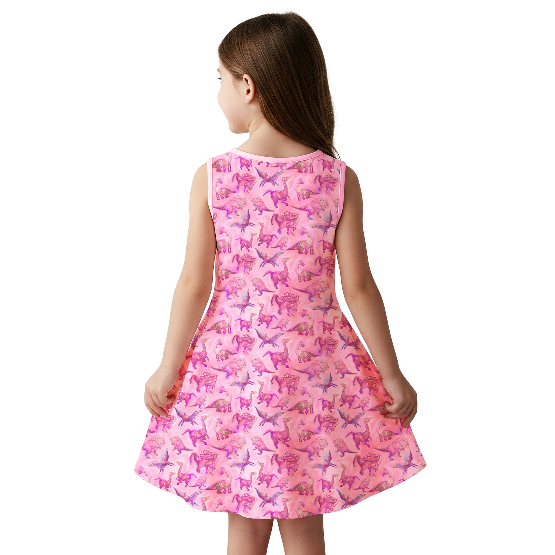 Back view of toddler girl wearing pink dinosaur sleeveless dress – twirl skirt in motion during outdoor play