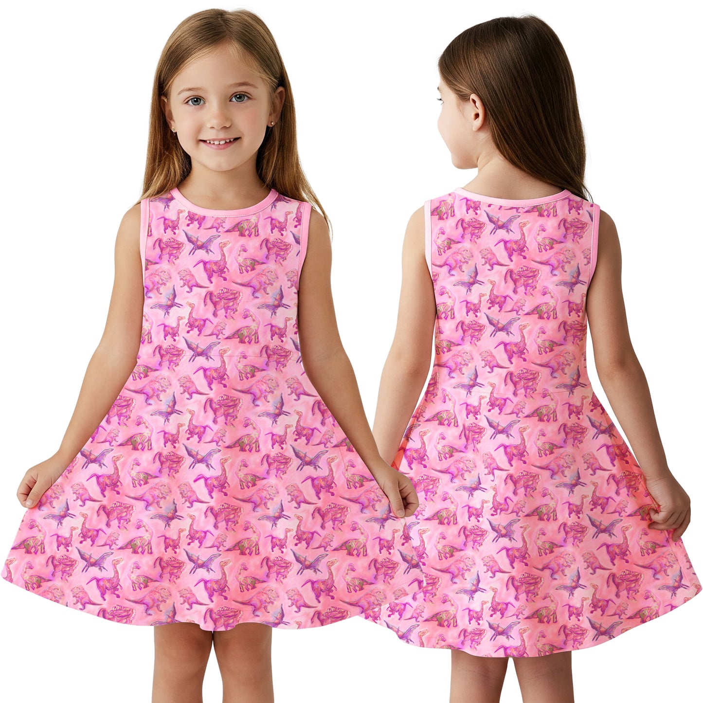 Model girl wearing girls pink dinosaur dress with full twirl in motion – designed for movement and imagination