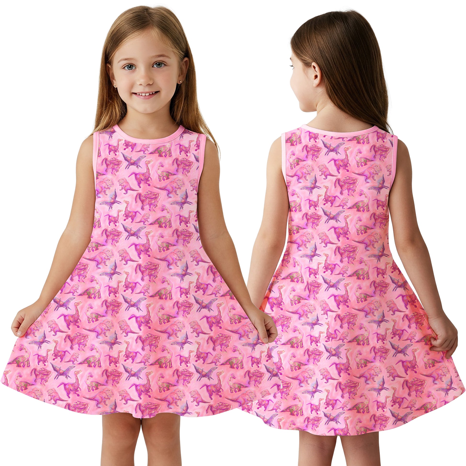 Model girl wearing girls pink dinosaur dress with full twirl in motion – designed for movement and imagination