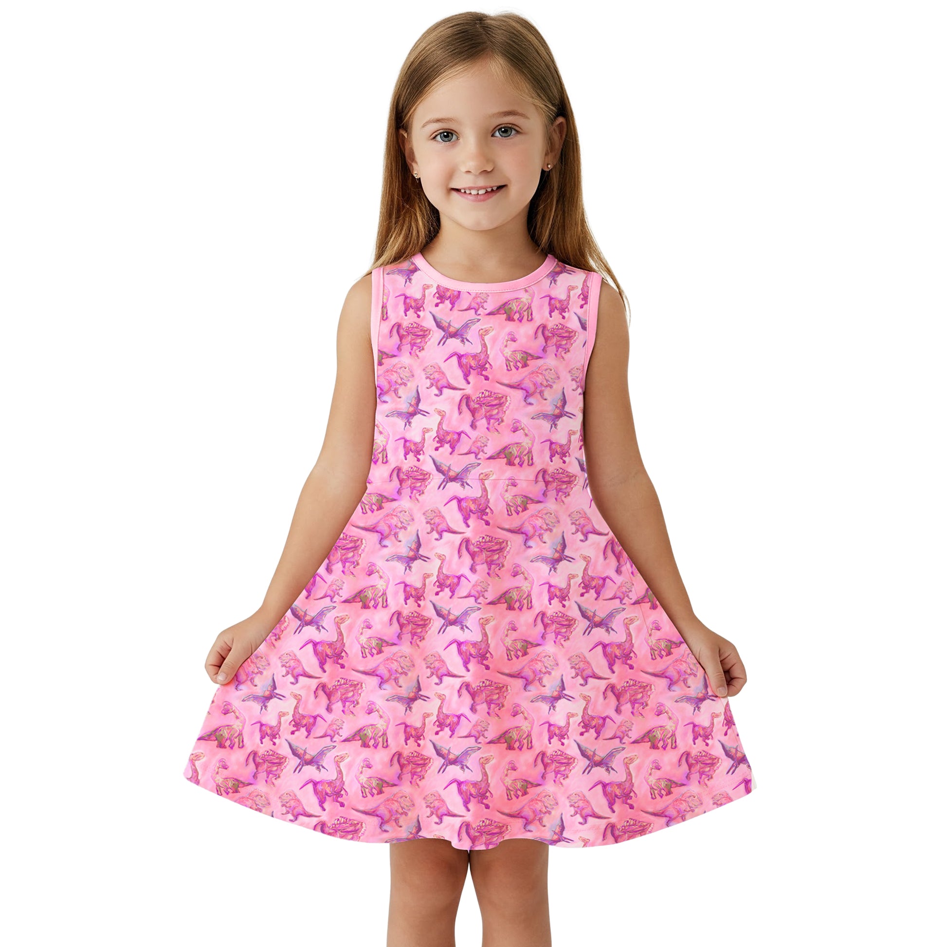 Model girl wearing girls pink dinosaur dress with full twirl in motion – designed for movement and imagination