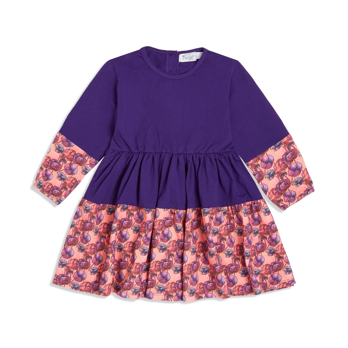 Twirly Girl Dresses - Flat lay of the front of a purple hippo twirl dress for girls, featuring a playful animal print and long sleeves.