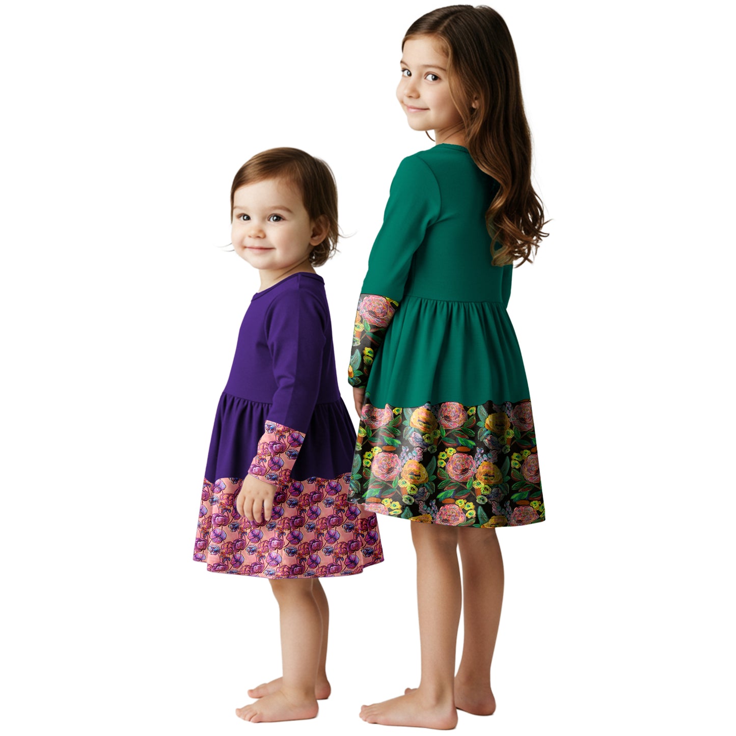 The Pink Picket Fence Louise Twirl Dress 2-Pack – Soft Cotton Floral Dresses for Girls – Green & Purple – 1 of Each – Sensory-Friendly