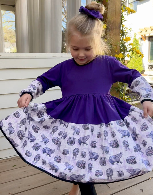 Lulu Hippo Twirl Dress for Girls Ages 2 to 6 - Girls Cotton Hippo Print Twirl Dress, Purple, White, and Pink with Long Sleeve