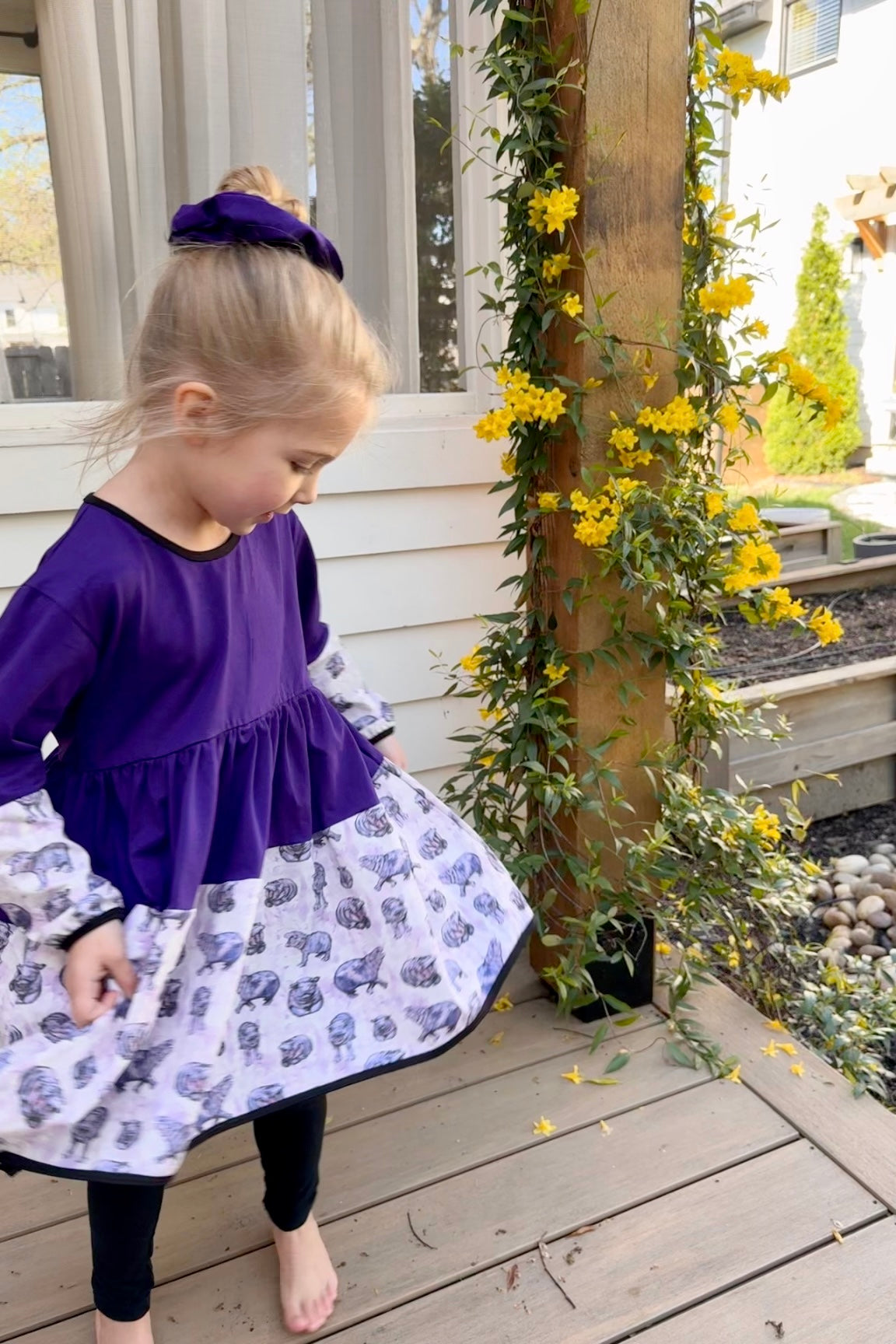 Lulu Hippo Twirl Dress for Girls Ages 2 to 6 - Girls Cotton Hippo Print Twirl Dress, Purple, White, and Pink with Long Sleeve