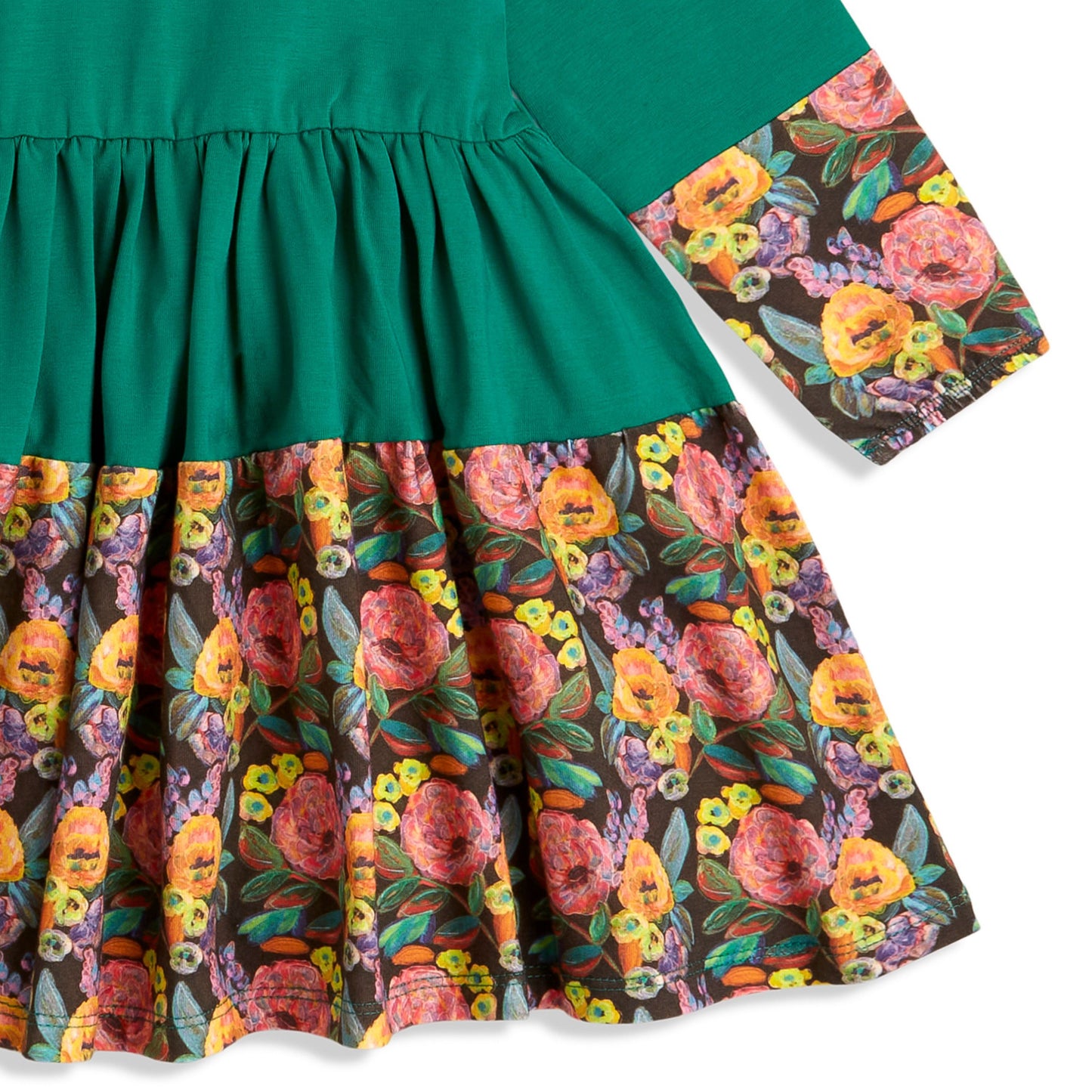 Green Floral Dress - Green Louise Twirl Dress shown in flat lay to highlight soft cotton texture and flowy skirt shape