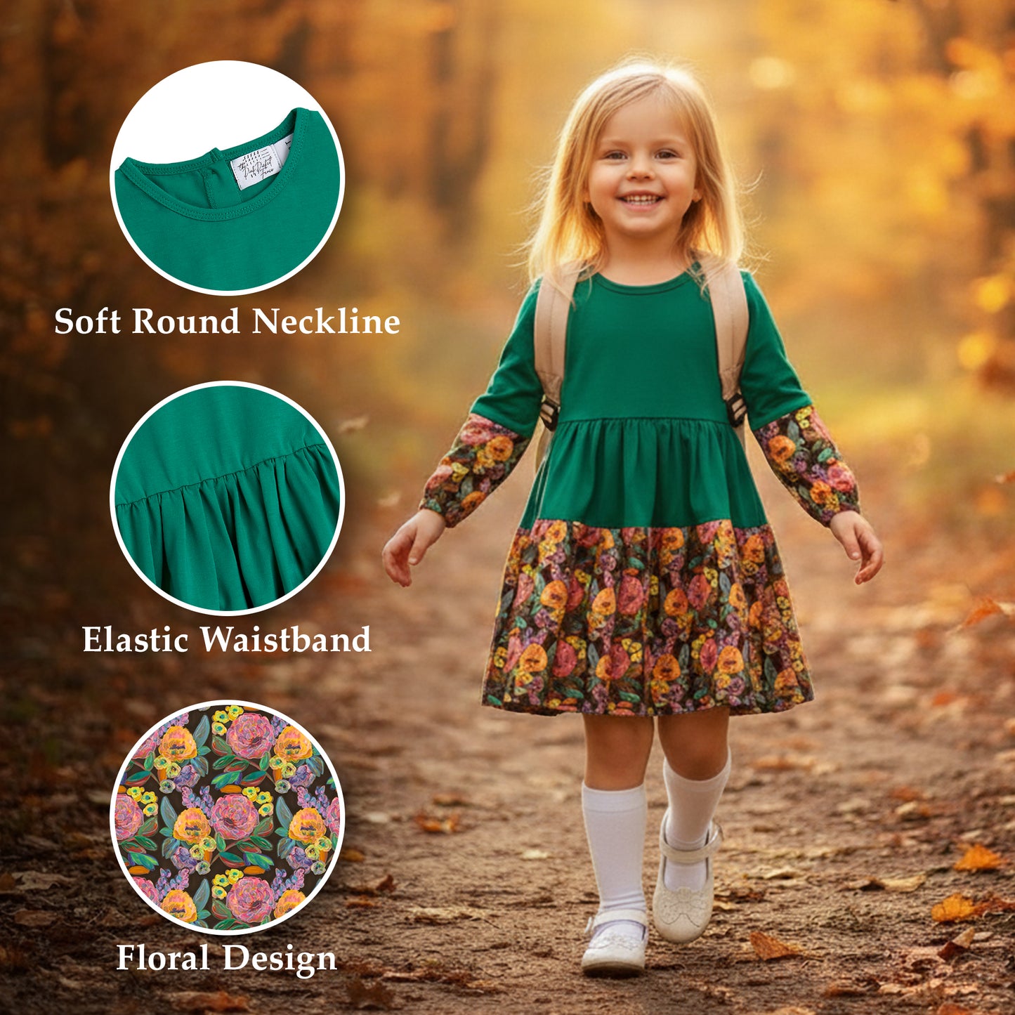 The Pink Picket Fence Louise Twirl Dress 2-Pack – Soft Cotton Floral Dresses for Girls – Green & Purple – 1 of Each – Sensory-Friendly