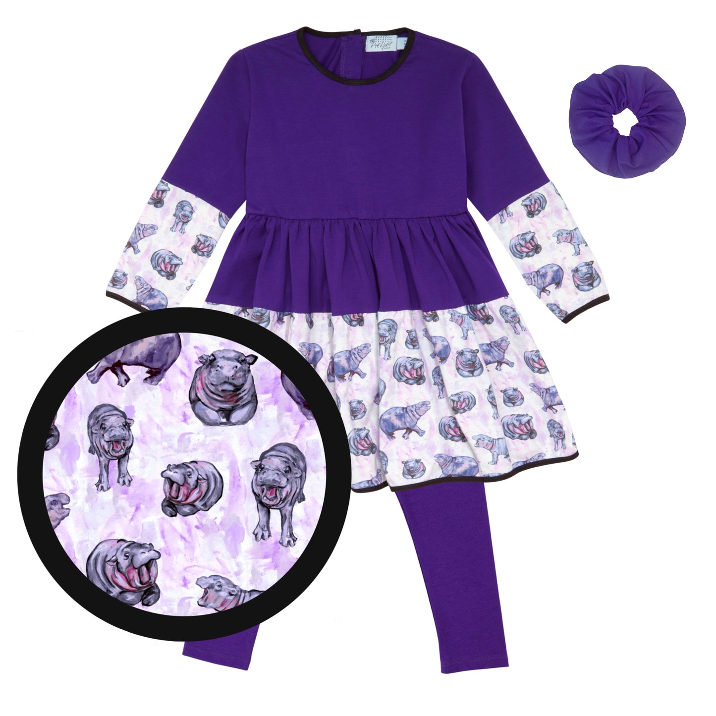 Lulu Hippo Twirl Dress, scrunchie, and leggings set