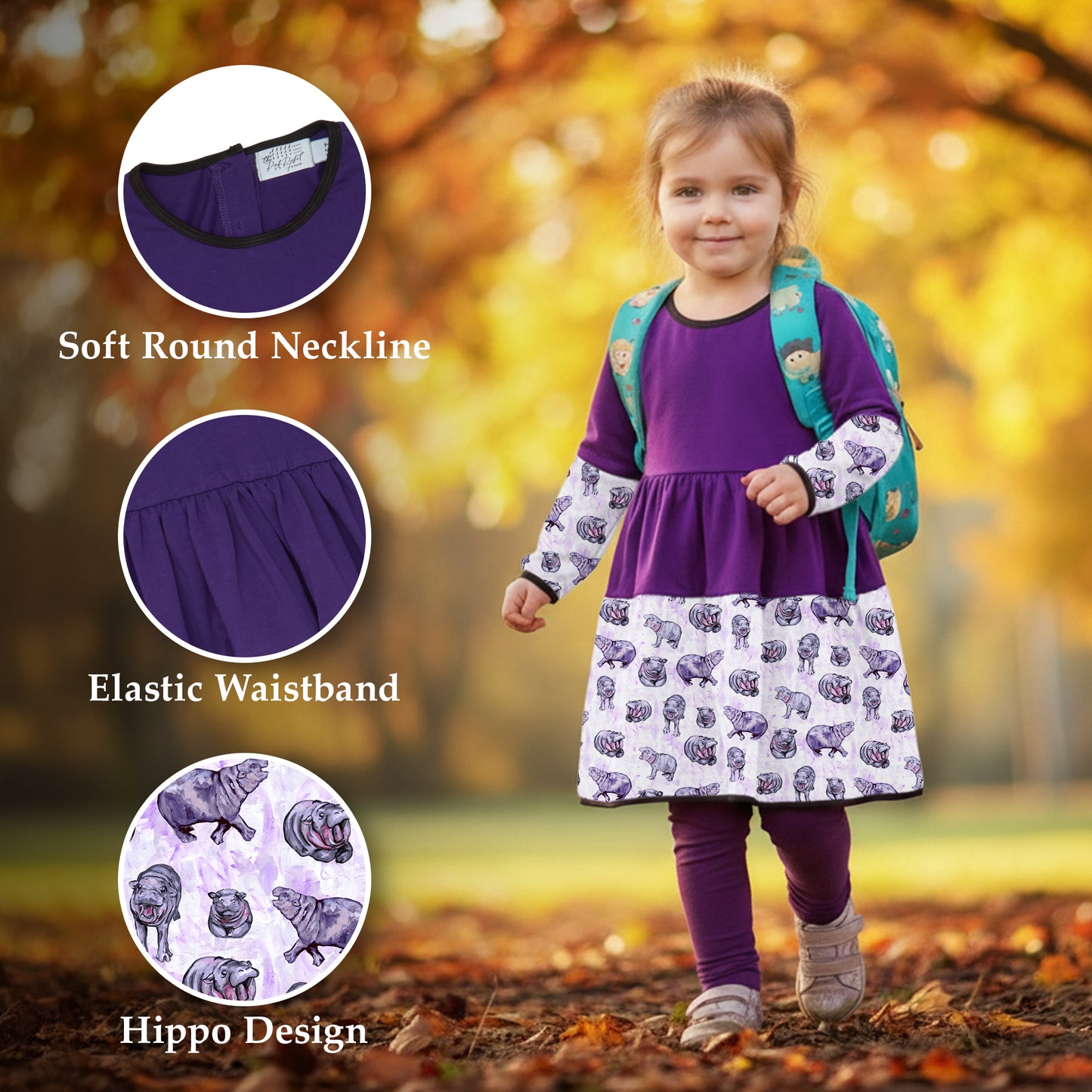 Lulu Hippo Twirl Dress, scrunchie, and leggings set