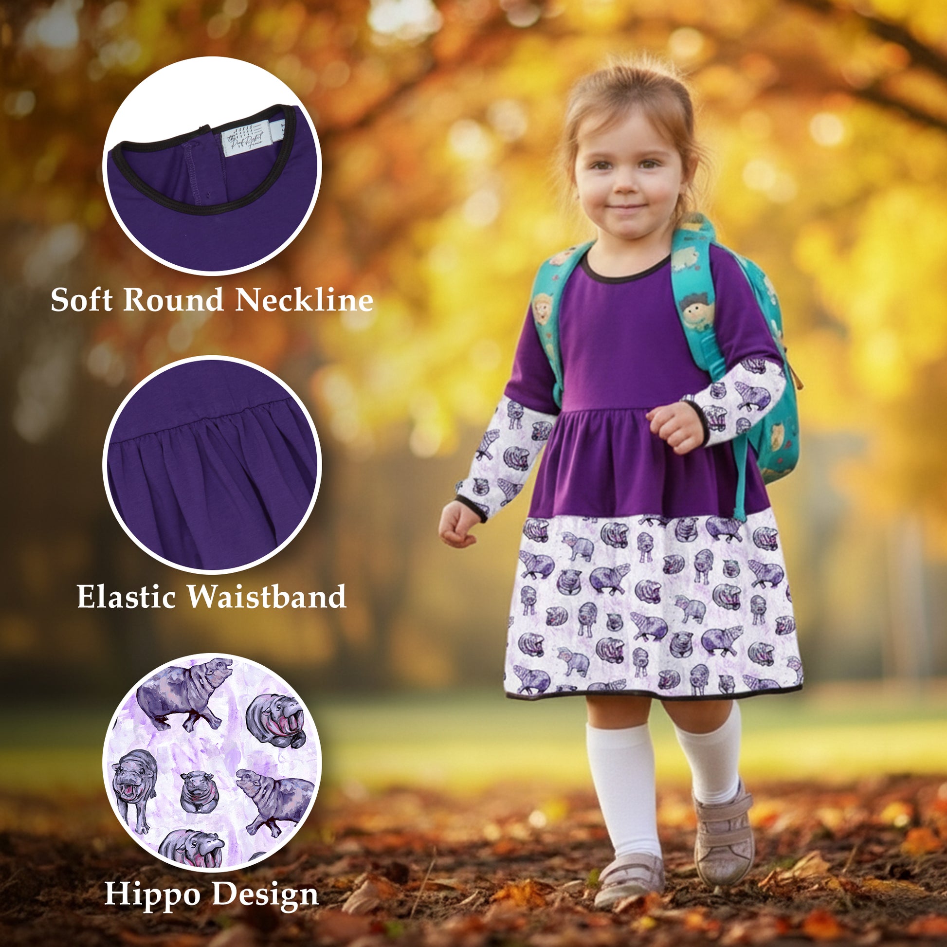 Child wearing a purple dress with hippo design in an autumn setting, highlighting features like soft round neckline and elastic waistband.