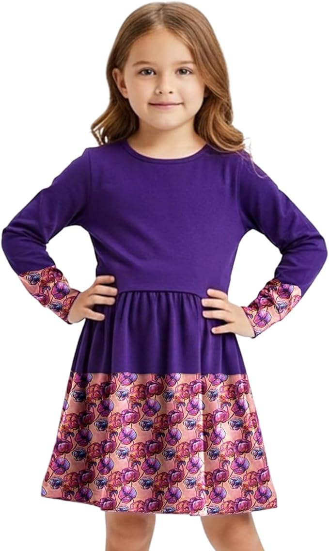 The Pink Picket Fence Louise Twirl Dress 2-Pack – Soft Cotton Floral Dresses for Girls – Green & Purple – 1 of Each – Sensory-Friendly