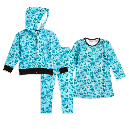 The Pink Picket Fence - Suzie Dinosaur Hoodie, Dress, and Leggings Set in Blue