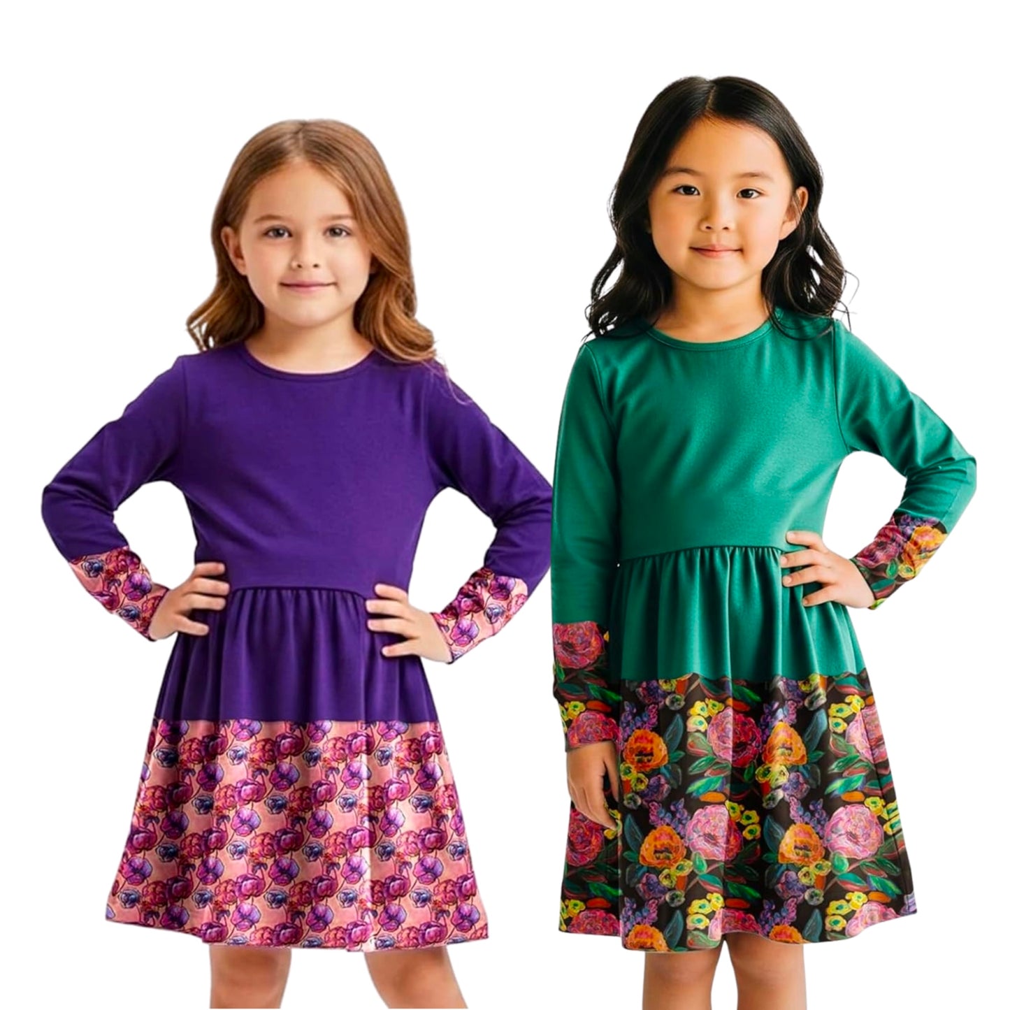 The Pink Picket Fence Louise Twirl Dress 2-Pack – Soft Cotton Floral Dresses for Girls – Green & Purple – 1 of Each – Sensory-Friendly