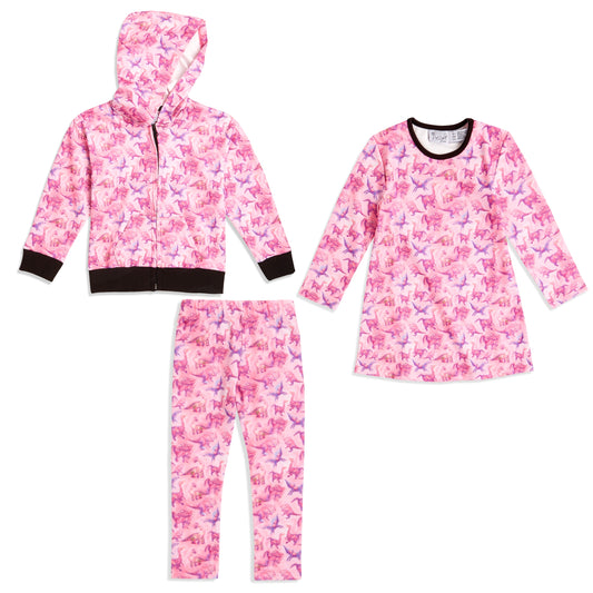The Pink Picket Fence - Suzie Dinosaur Hoodie, Dress, and Leggings Set in Pink