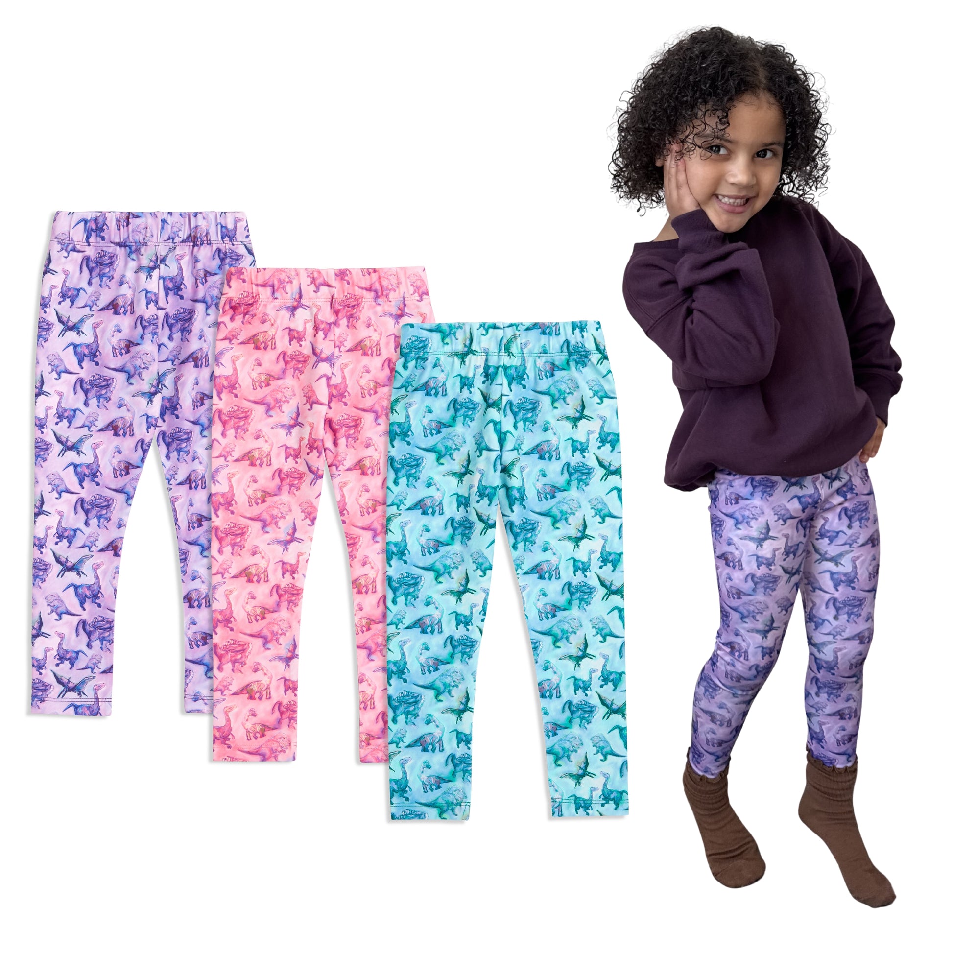 Child wearing patterned leggings with three additional pairs displayed on a white background.