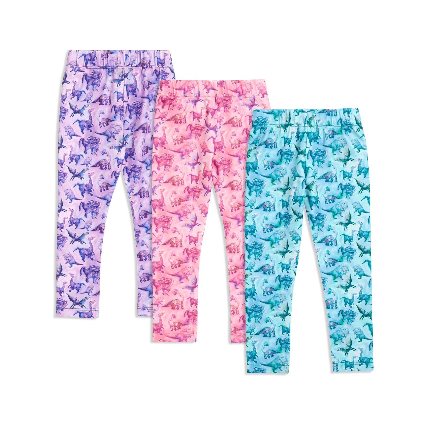 Girls Dinosaur Leggings 3-Pack – Soft Sensory-Friendly Toddler Leggings – Pink, Purple & Blue – For Toddlers and Little Girls