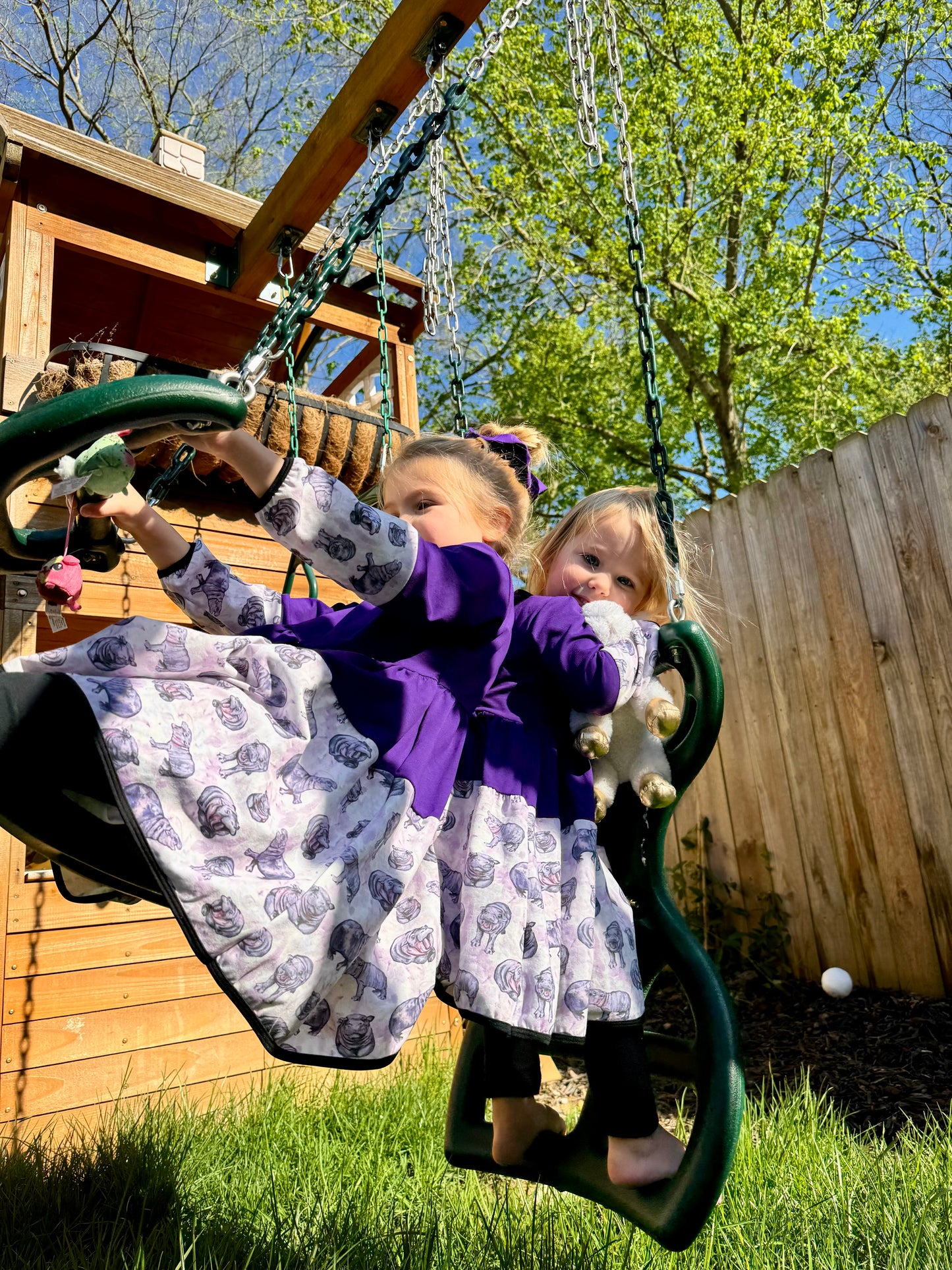 Lulu Hippo Twirl Dress, scrunchie, and leggings set