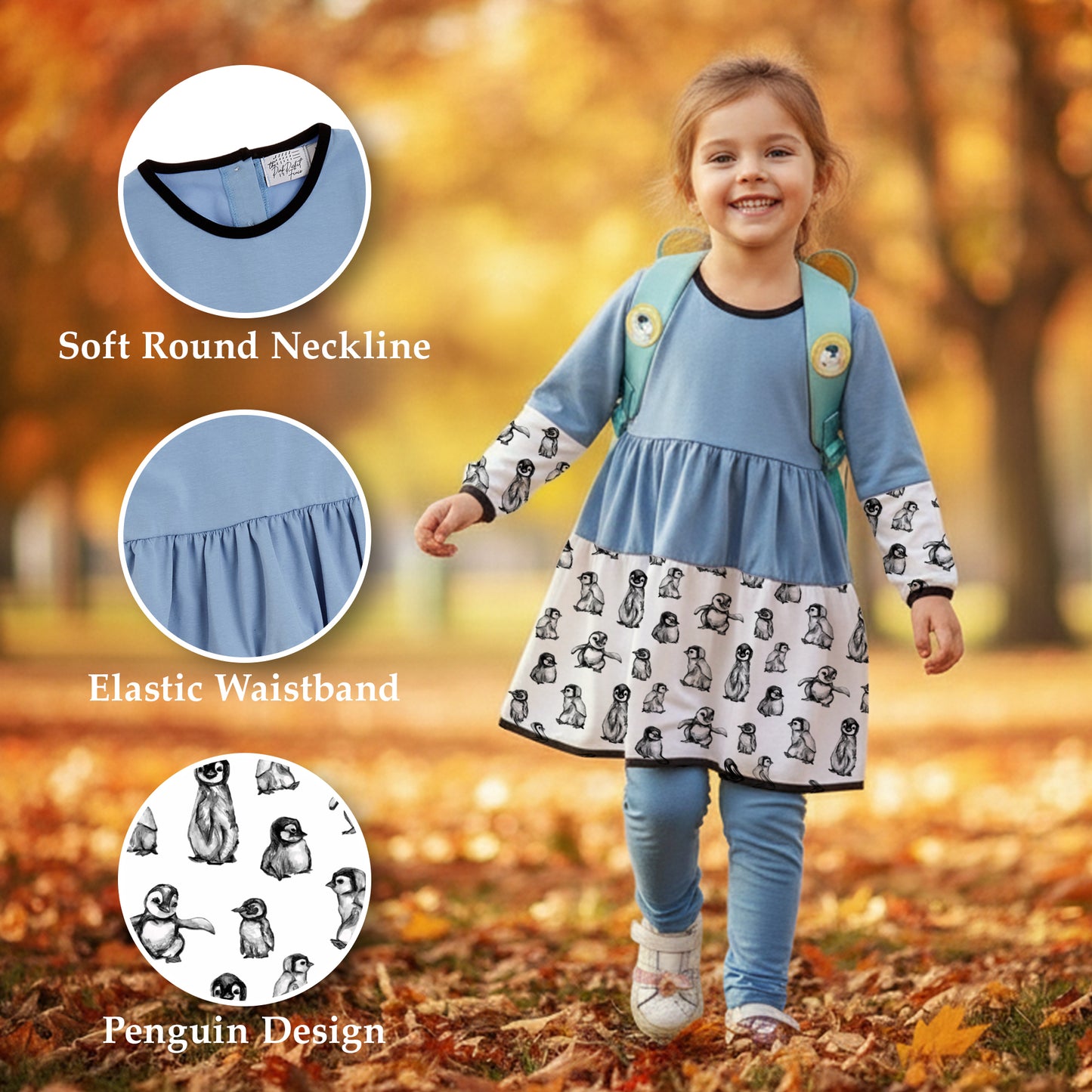 Penny Penguin Girls Twirly Dress Matching Set | Girls Headband and Scrunchie | Girls Play Dresses | Penguin Dresses