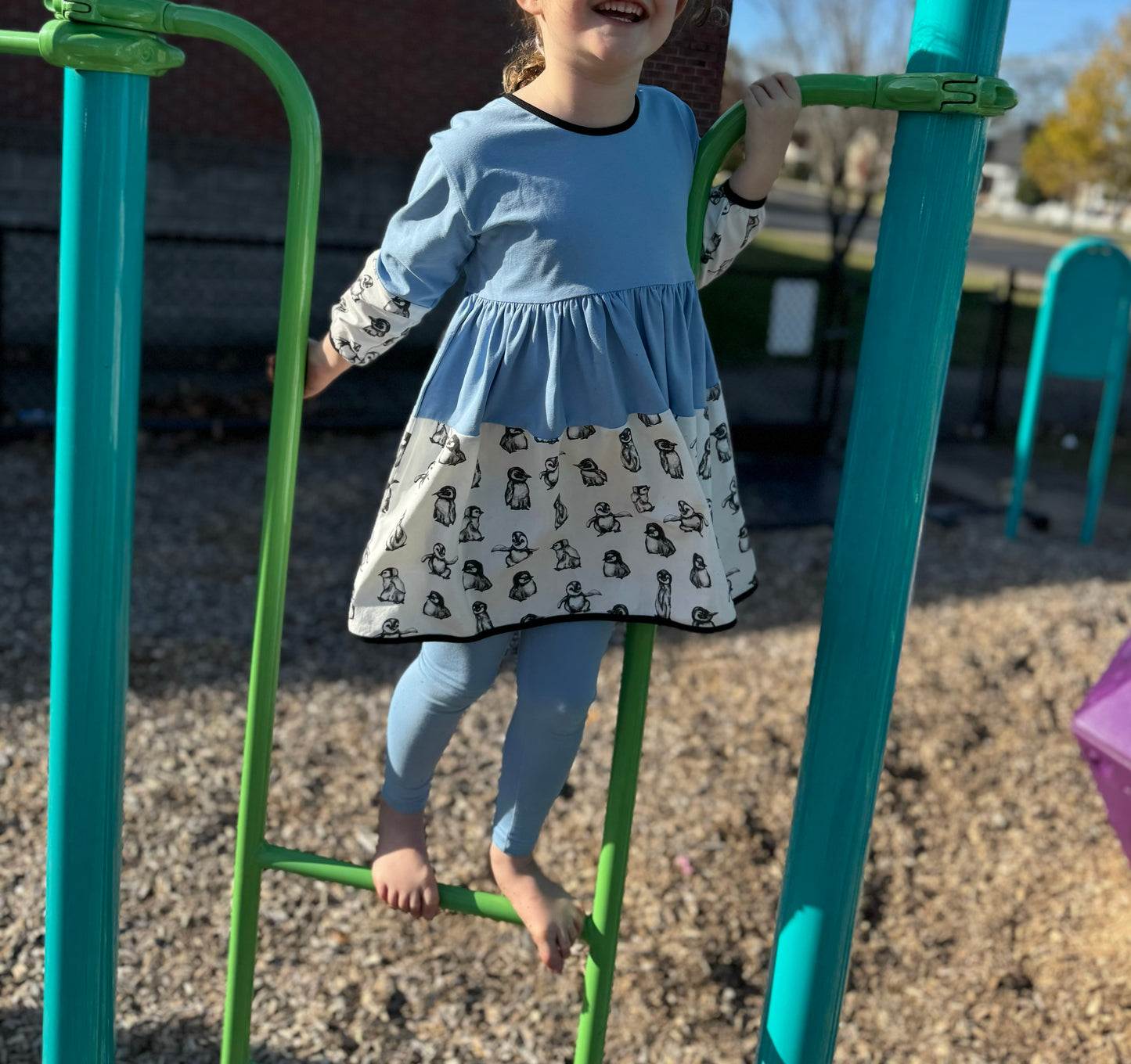 Girl in Blue Penguin Dress Playing on Playground