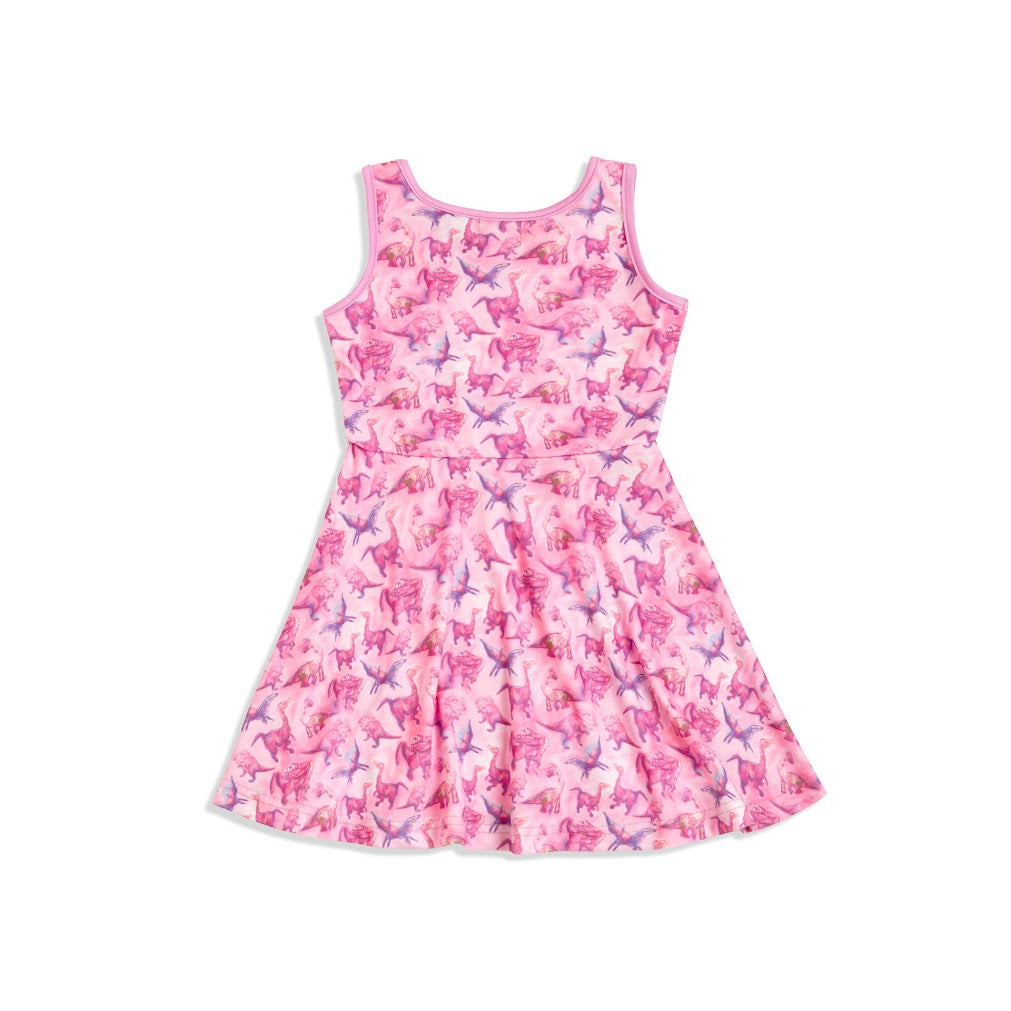 Back view of girls pink dinosaur sleeveless dress laid flat – shows full skirt and neckline with super comfortable fabric