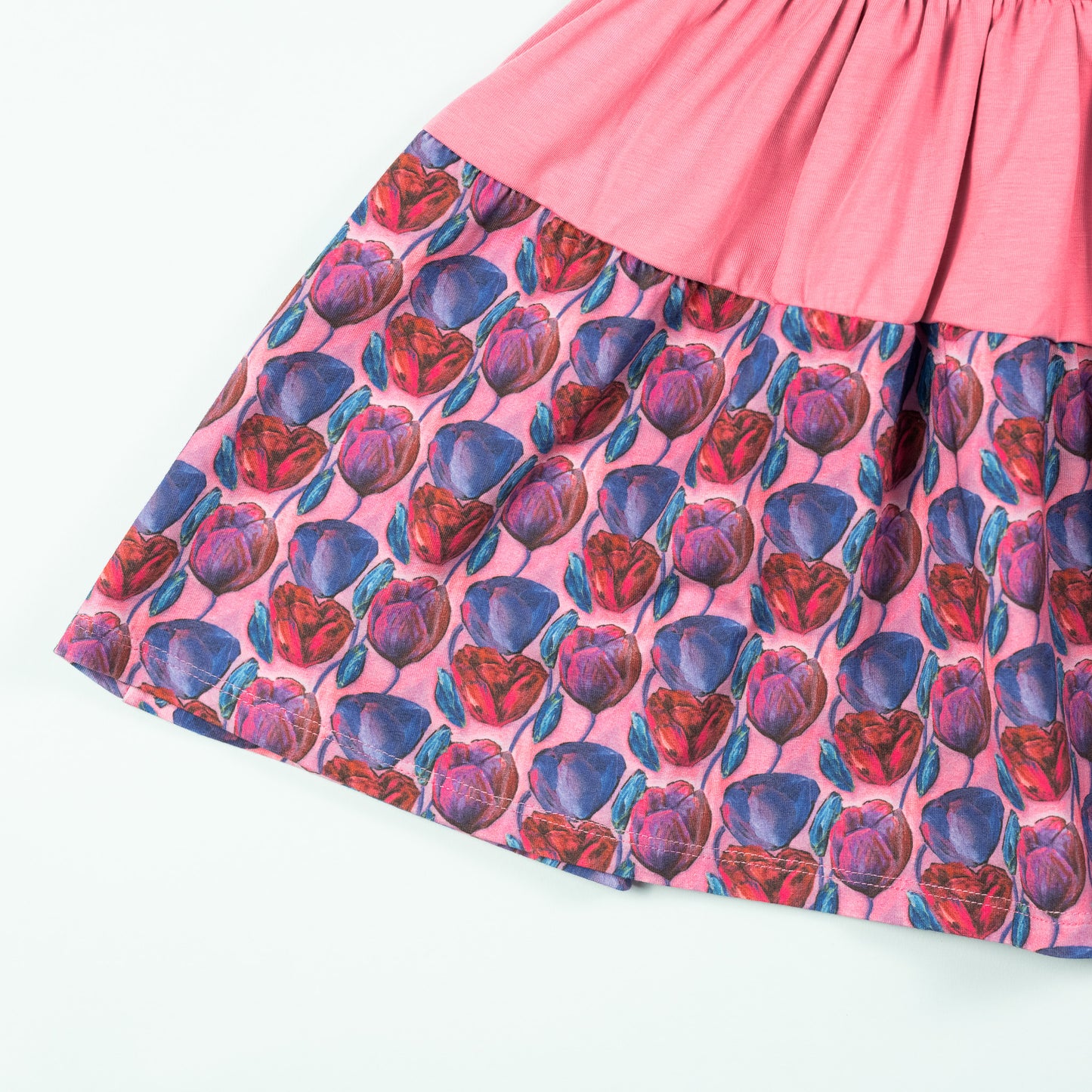 3rd birthday dress - Cotton twirl dress in pink floral print, displayed flat; toddler girls dress designed for comfort and movement