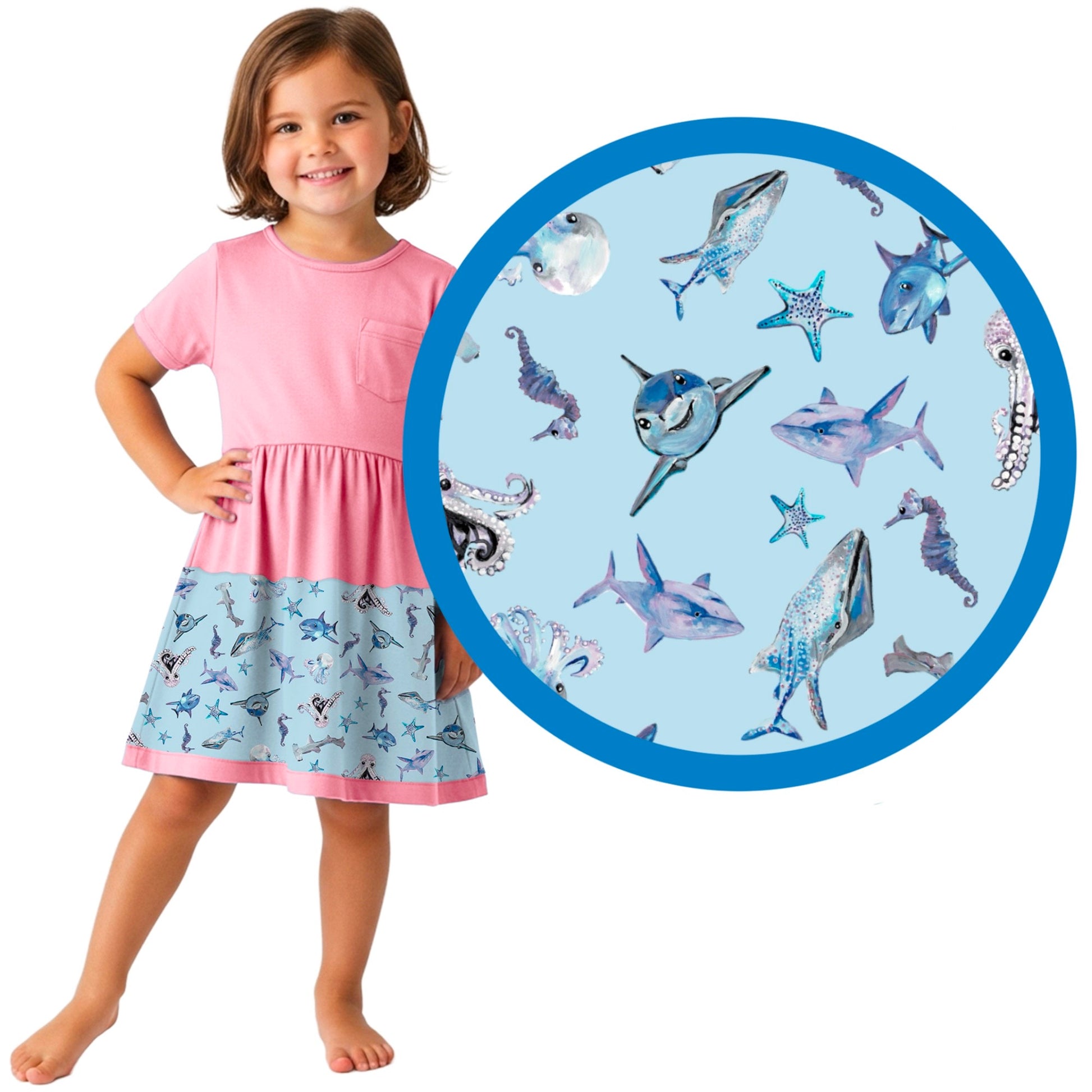 Child wearing a pink and blue dress with shark pattern, inset showing detailed pattern.