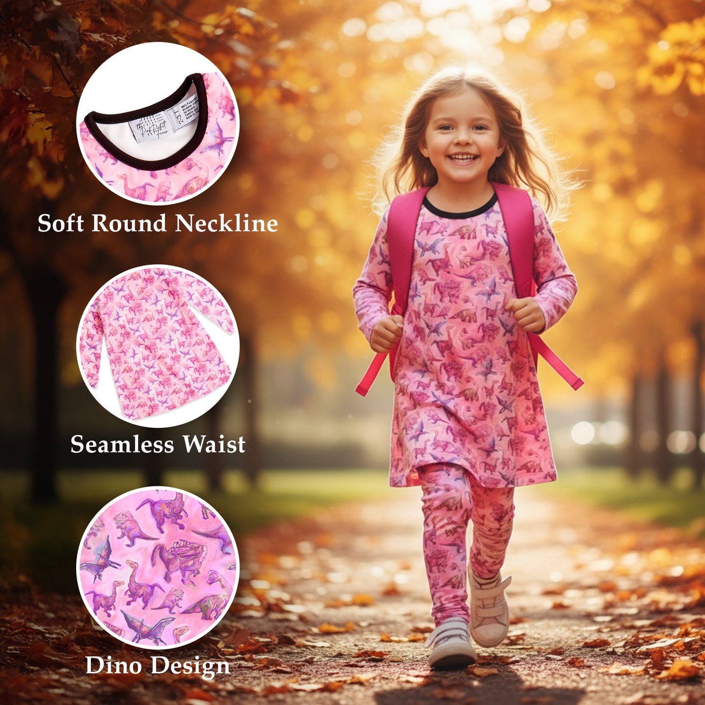 The Pink Picket Fence - Suzie Dinosaur Hoodie, Dress, and Leggings Set in Pink