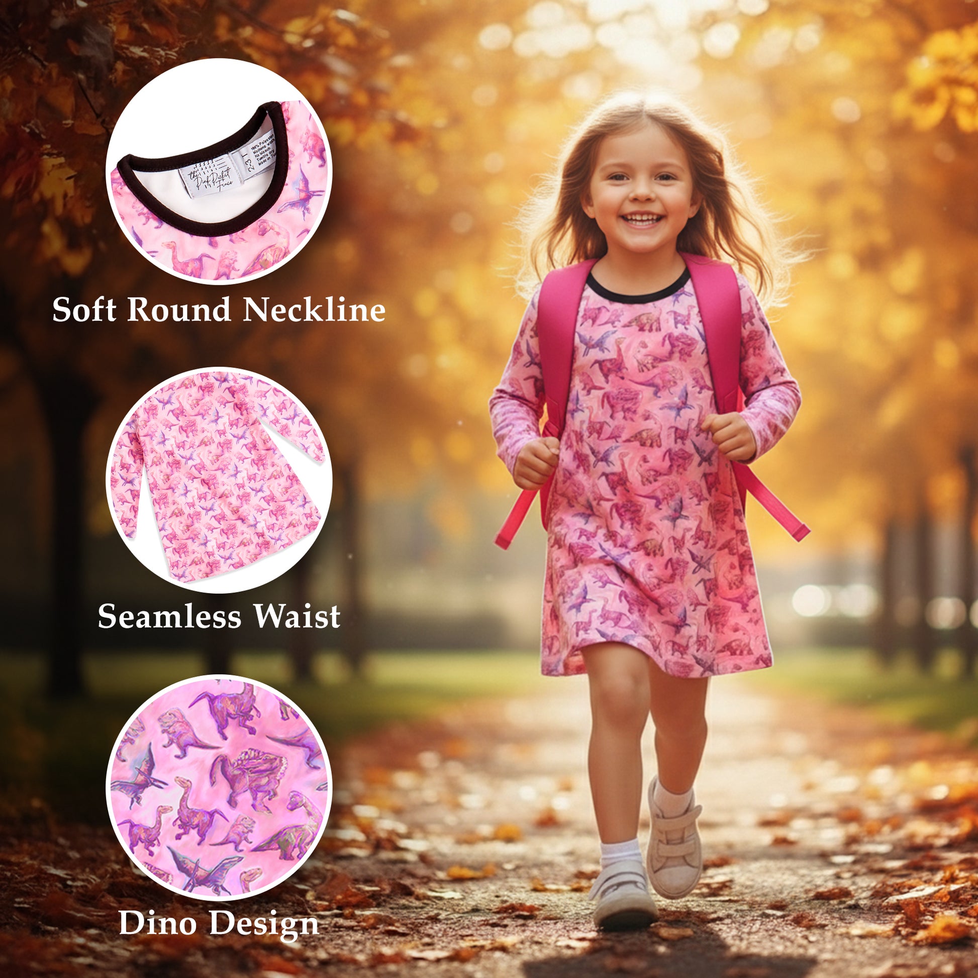 Child wearing a pink dress with dino design, standing in an autumn setting.