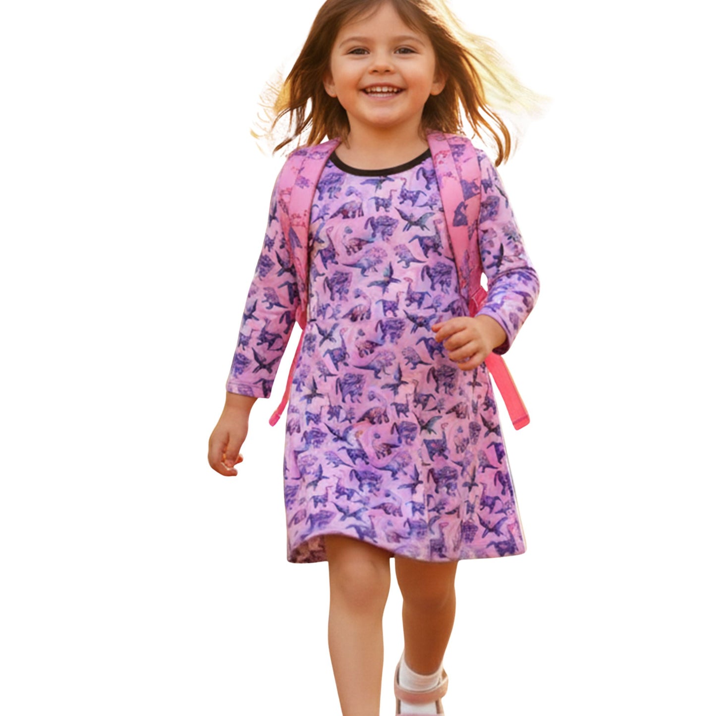 Child wearing a purple dress with animal pattern and pink backpack on a white background