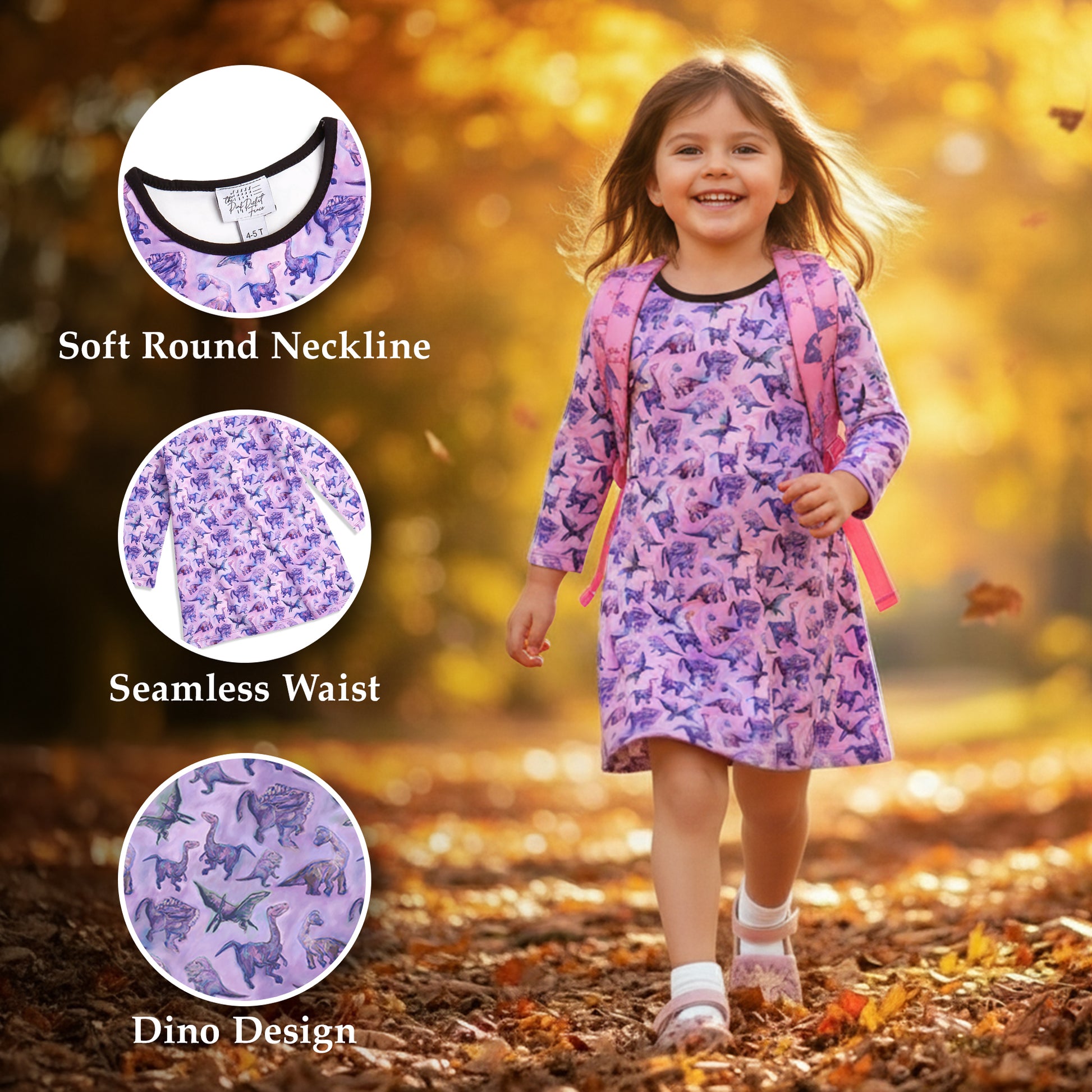 Child wearing a purple dress with dinosaur pattern in an autumn setting, showcasing features like soft round neckline, seamless waist, and dino design.