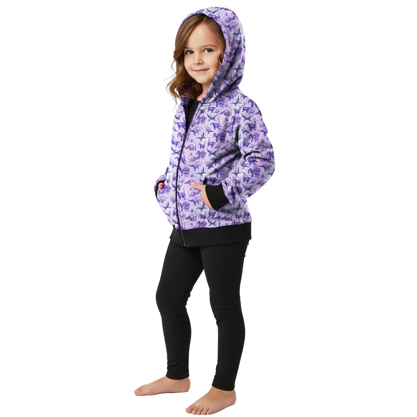 Purple Dino Hoodie on a 6 Year Old Girl