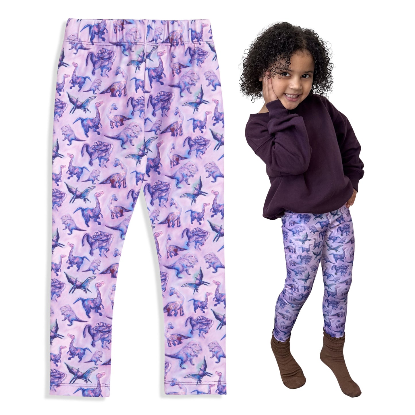 Girls Dinosaur Leggings 3-Pack – Soft Sensory-Friendly Toddler Leggings – Pink, Purple & Blue – For Toddlers and Little Girls