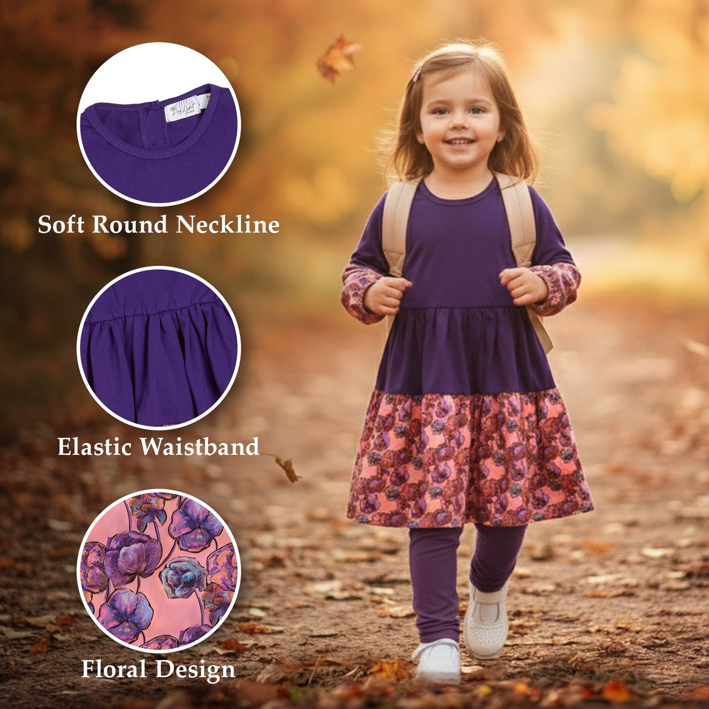 Purple Louise Twirly Girls Matching Set | Twirly Dress | Girls Headband & Scrunchie | Kids Purple & Pink Dress