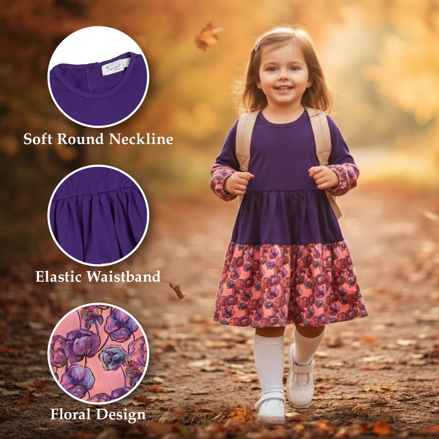 The Pink Picket Fence Louise Twirl Dress 2-Pack – Soft Cotton Floral Dresses for Girls – Green & Purple – 1 of Each – Sensory-Friendly