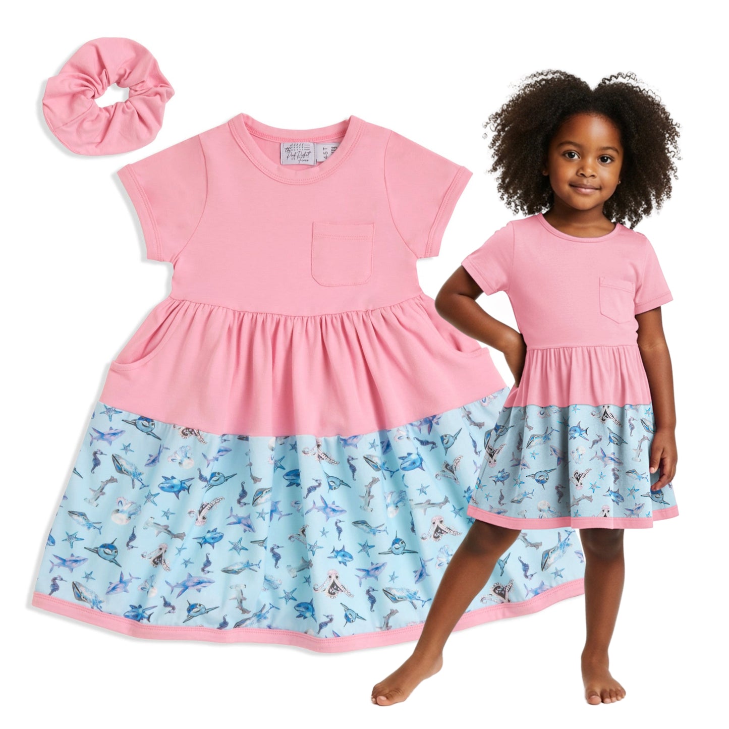 girls pink shark twirl dress front view soft cotton sensory friendly kids dress with scrunchie The Pink Picket Fence
