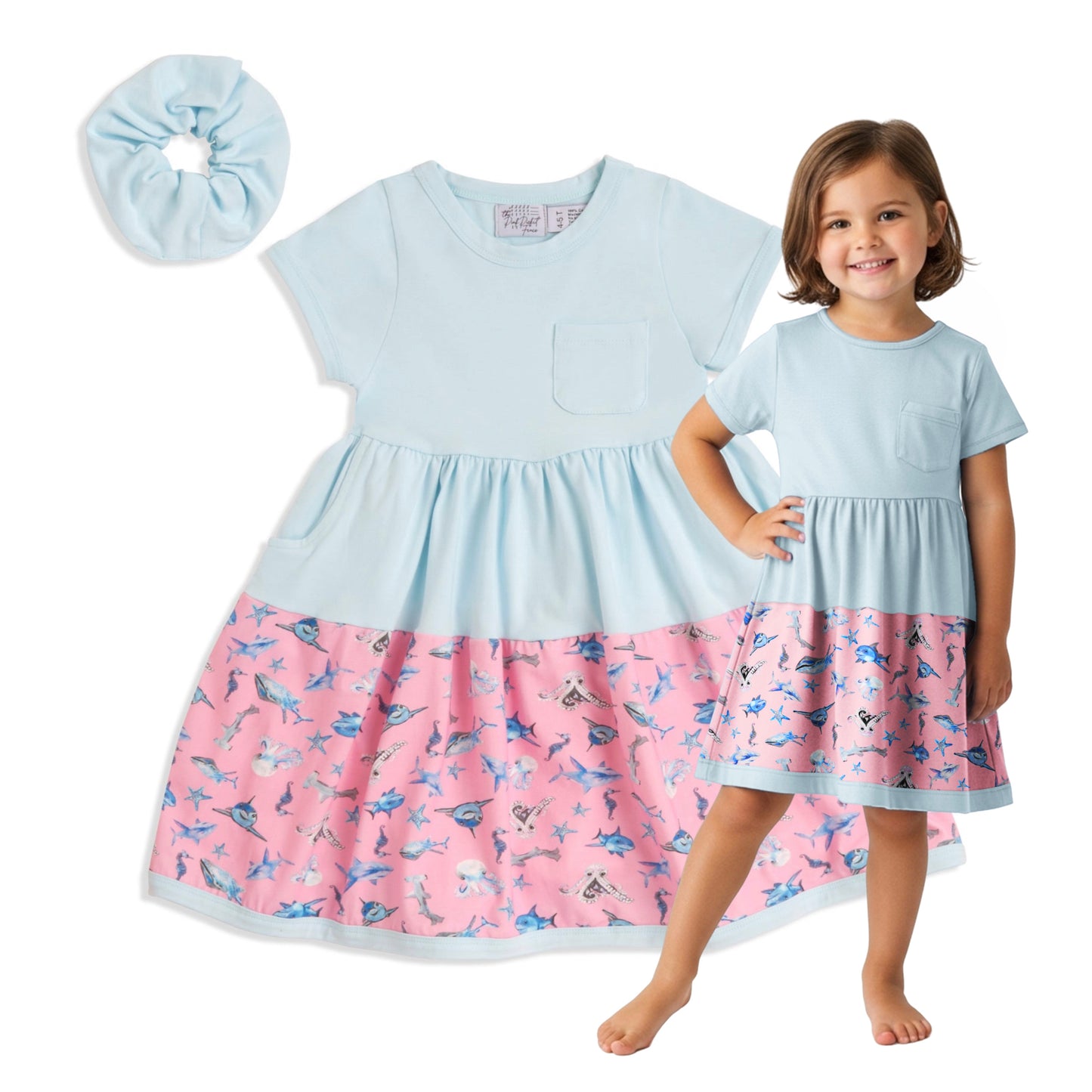 girls shark twirl dress front view soft cotton sensory friendly kids dress with scrunchie The Pink Picket Fence