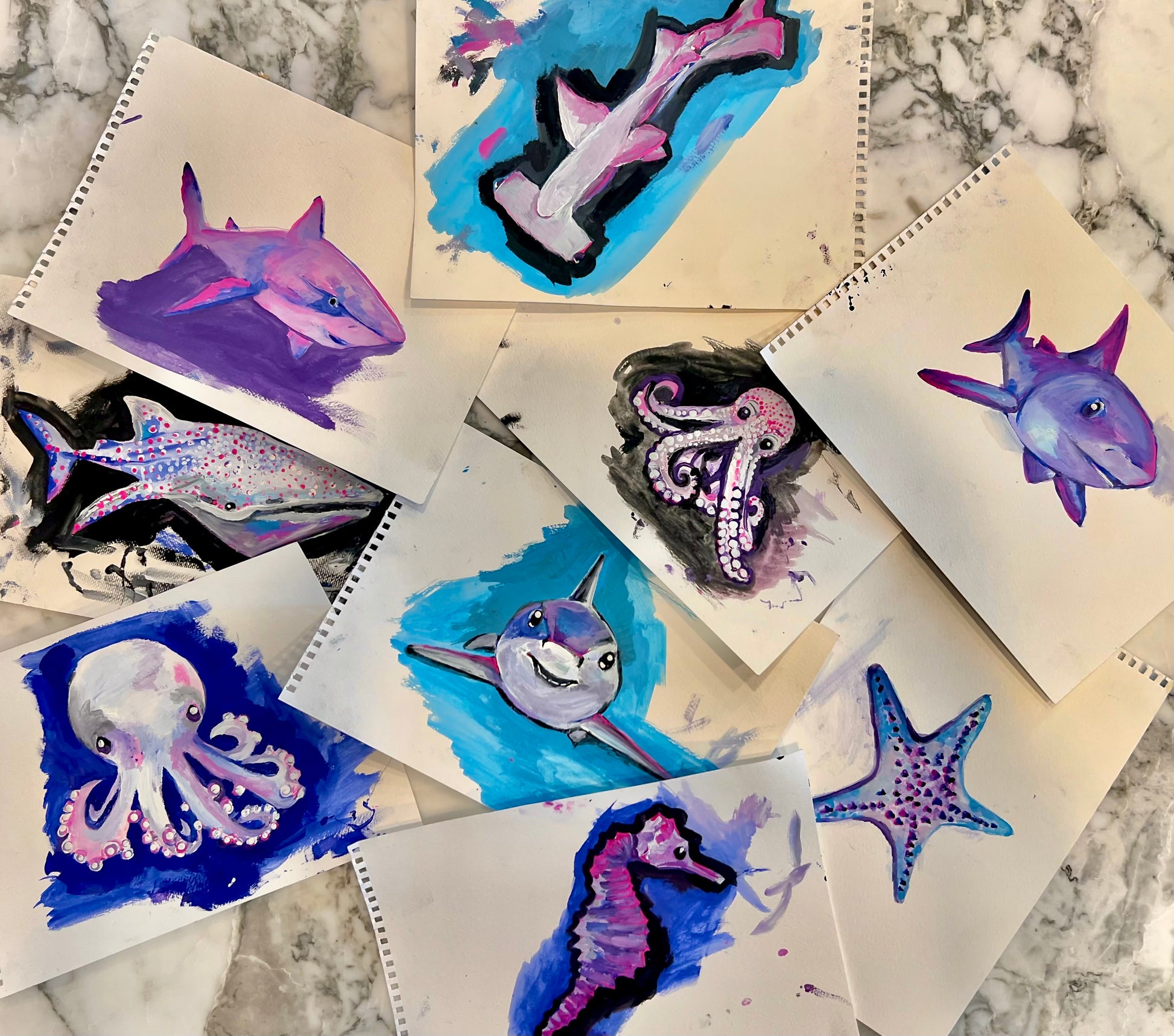 hand painted shark octopus and ocean animal artwork used to create kids clothing prints original watercolor designs